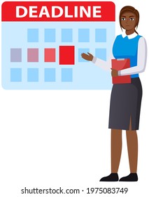 Businesswoman is talking about deadline on poster. Female character planning schedule to finish task on time. Month planning or to do list. Woman deal with task scheduling, work process organization