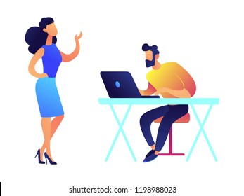 Mujer empresaria hablando y hombre de negocios trabajando en ilustración vectorial de laptop.