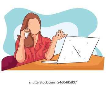 Businesswoman talking on cell phone while sitting in office. Vector flat illustration