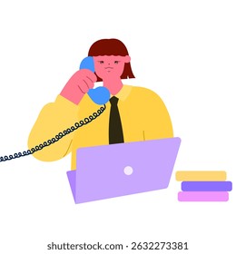 businesswoman talking on corded desk phone in office with laptop and books, corporate communication and productivity concept