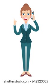 Businesswoman talking on mobile phone and pointing up. Full length portrait of Cartoon Businesswoman Character. Vector illustration in a flat style.