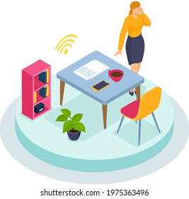 Businesswoman talking on phone with colleague at workplace, Interior office room, desk with documents. Business call, communication at distance with partners, modern digital technologies, conversation