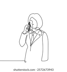 businesswoman talking on the phone - one line art vector. concept woman with bob haircut in tie and jacket holding phone to ear