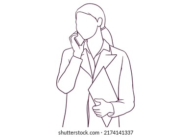 Businesswoman Talking On The Phone While Holding Clipboard. Hand Drawn Style Vector Illustration