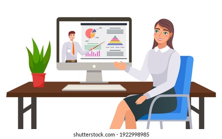 Businesswoman talking to partner via video call, online conference. A girl sitting at a table with a computer, communication with a colleague via webcam, telecommunication, business negotiations