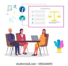 Businesswoman Talking And Working Together In Office. Partners Lawyers Communicating Concept. Business Meeting Around Table . Brainstorming Process, Team Business Women With Laptop Collaboration