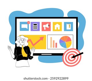 Businesswoman talks about success. Woman near computer screen with graphs and diagrams. Business communication and presentation. Lecture and coach. Linear vector illustration