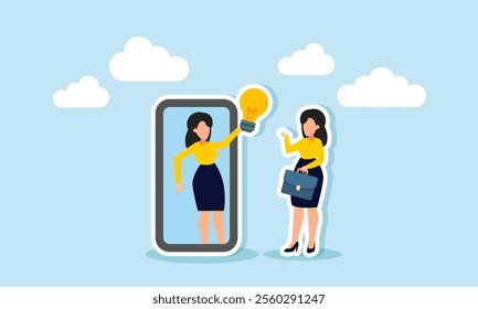 A businesswoman talks to her partner carrying a lamp, emerging from a smartphone, illustration of an online business agreement deciding on applied business ideas