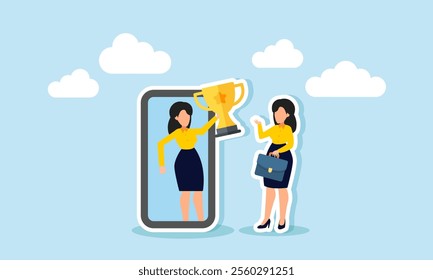 A businesswoman talks to her partner carrying a trophy, emerging from a smartphone, illustration of an online business agreement making a leading company