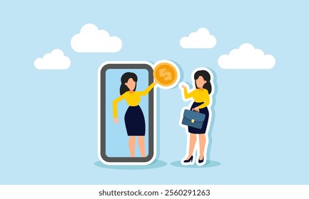 A businesswoman talks to her partner carrying a dollar coin, emerging from a smartphone, illustration of an online business agreement with financial benefits