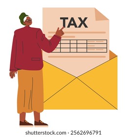 Businesswoman tax concept. A professional woman gesturing towards a tax document on a large envelope. Financial responsibility and taxation theme. Vector illustration.