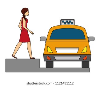 businesswoman with taxi car service icon