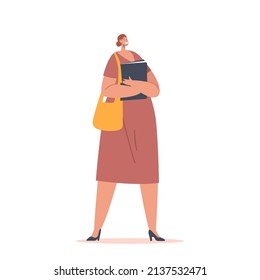 Businesswoman or Teacher in Casual Clothes. Female Character Wear Brown Dress, Heeled Shoes and Shoulder Bag Isolated on White Background. Positive Single Woman. Cartoon People Vector Illustration