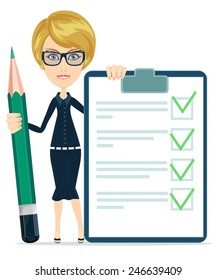 Businesswoman or Teacher Holding a Document in Which All Approved, Validated, Agreed and big green pencil. The Document Put the Green Check Mark, Flags. Vector Illustration