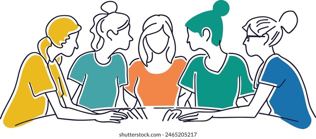 Businesswoman in a team huddle, group discussion, team unity, collaborative effort. one continues line art vector illustration