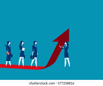 El equipo de mujeres de negocios se mueve en la flecha roja. Concepto de ilustración empresarial. Vector plano