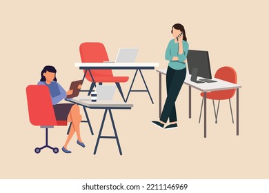 Businesswoman team talking to each other with laptop in the office. Coworking concept. Flat vector illustrations isolated. . Coworking concept. Flat vector illustrations isolated. 