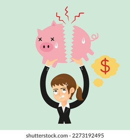 Businesswoman tearing and breaking piggy bank, Financial Crisis,illustration vector cartoon
