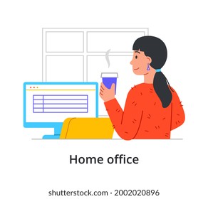 Businesswoman telecommuting working from a home office on a desktop computer during the Covid-19 pandemic, minimal style flat cartoon colored vector illustration