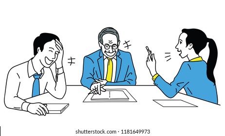 Businesswoman telling funny story or joke during meeting, and her team burst out laughing. Business concept in person who has sense of humor. Outline, linear thin line art. 