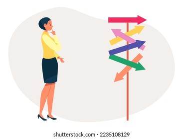 Businesswoman think and choice different direction way, female character select business path flat vector illustration, isolated on white.