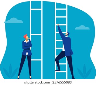 Businesswoman is thinking about her career path while a businessman is climbing a ladder, representing different approaches to career growth and development