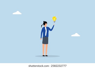 Businesswoman thinking about idea, cheerful businesswoman got new idea lightbulb in her hand