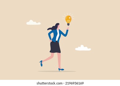 Businesswoman thinking about idea, solution or strategy planning, career or occupation, expertise or professional to solve problem concept, cheerful businesswoman got new idea lightbulb in her hand.