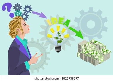 Businesswoman thinking about money idea vector illustration. Business money concept with gears and gears above her head, arrow lamp idea, and final a lot of money big packs isolated on light green.