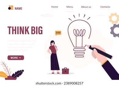 Businesswoman thinking about new idea. Think big, landing page template. Aspiration to success in business, idea from creativity and imagination. Mentor draws lightbulb and helping woman brainstorming