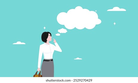 Geschäftsfrau mit denkenden Wolke oder Blase Chat Illustration, denken an Lösung als Gedankenblase, leere Wolke über Kopf mit Kopienraum, auf der Suche nach Innovation oder eine Lösung für ein Problem