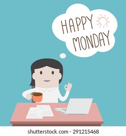 Businesswoman Thinking Happy Monday - Vector 