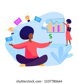 Businesswoman thinking over presentation. Meditation, juggling staff, presenting chart. Business concept. Vector illustration for topics like marketing, work balance, stress relief