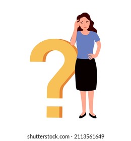 Businesswoman is thinking with question mark symbol in flat design on white background. Making decision or solving problem.