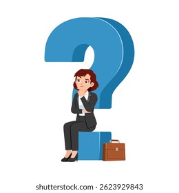 Businesswoman Thinking Sitting on Question Mark with Hand on Chin in Confusion