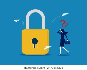 Businesswoman thinking of solving the problem of unlocking the lock. vector 