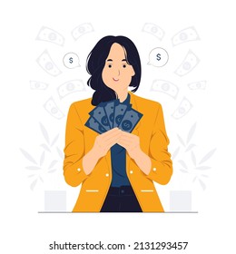 Mujer de negocios pensando dónde ir de vacaciones y cómo invertir dólares ganados, mantener dinero y mirar para arriba. Ilustración del concepto de empresas, finanzas y empleo, empresarios y dinero