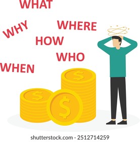 Businesswoman thinking of who what where when why and how. 5w1h asking questions for solution to solve problem, business analysis to new idea. Flat vector illustration.

