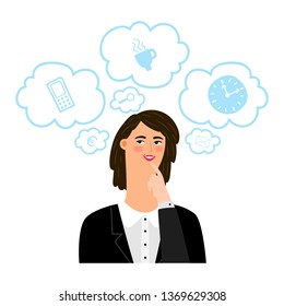 Businesswoman thinks about different business things vector concept. Business person, woman think about coffee and time illustration