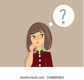 Businesswoman thinks about problem vector illustration. Girl and question bubble thinking, expression and think problem. Cartoon cute young woman thinking with question mark in think bubble.
