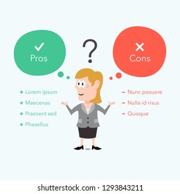 Businesswoman thinks about pros and cons. Easy to use for your website or presentation with place for your content.