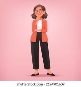 Businesswoman thinks. Choice, solution to a problem or dreams. Vector illustration in cartoon style