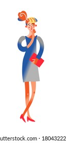 Businesswoman thinks holding chin. Young woman in dress standing in front view. Office worker, executive manager or bank employee. Vector character illustration of person isolated on white background