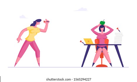 Businesswoman Throw Darts To Apple Lying On Head Of Business Woman Sitting At Office Desk. Dirty Tricks And Unfair Fight With Sneaky Colleague Concept. Office Life. Cartoon Flat Vector Illustration