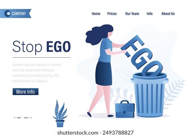 Geschäftsfrau wirft Ego in den Müll, Stopp Ego, Landing Page Vorlage. Selbstbewusste Frau ohne Eitelkeit oder Egoismus, aber mit Stolz, Gleichberechtigung und Respekt gegenüber anderen Menschen. Flache Vektorillustration