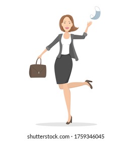 Businesswoman throw medical mask in the air. Quarantine cancellation. Vector illustration.