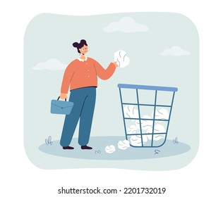 Businesswoman throwing crumpled paper ball into trash can. Bad ideas and no inspiration for tiny woman flat vector illustration. Fail, office concept for banner, website design or landing web page - Shutterstock ID 2201732019