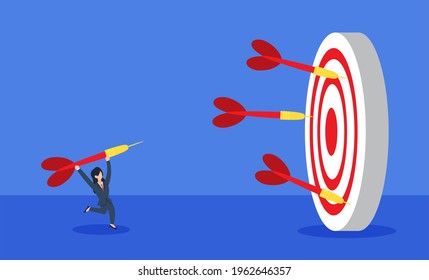 Businesswoman throwing a dart to a dartboard with many fail darts around. The creative concept idea of reaching business target goal or learning from failure. Simple trendy cute vector illustration.