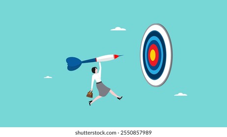 businesswoman throwing darts at a dart board concept vector illustration, business target or goal concept, business success illustration, tenacity in business strategy concept illustration