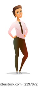 Businesswoman In Tie Stands With Her Hands On Her Hips. Young Woman. Pretty Girl. Funny Person Character. Front And Back View. Cartoon Funny Style Illustration. Isolated On White Background. Vector.